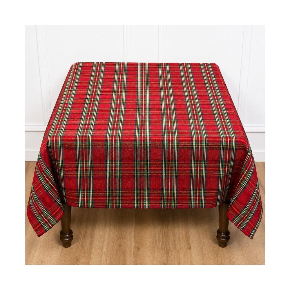 Lenox Christmas Plaid Metallic Tablecloth 60" x 81" Red Green Gold Tartan